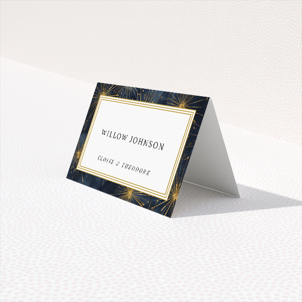 Supernova place cards - Celestial design with deep blue background and golden starbursts, reminiscent of a vibrant night sky. Opulent serif fonts and golden frames for grand wedding celebrations This is a third view of the front