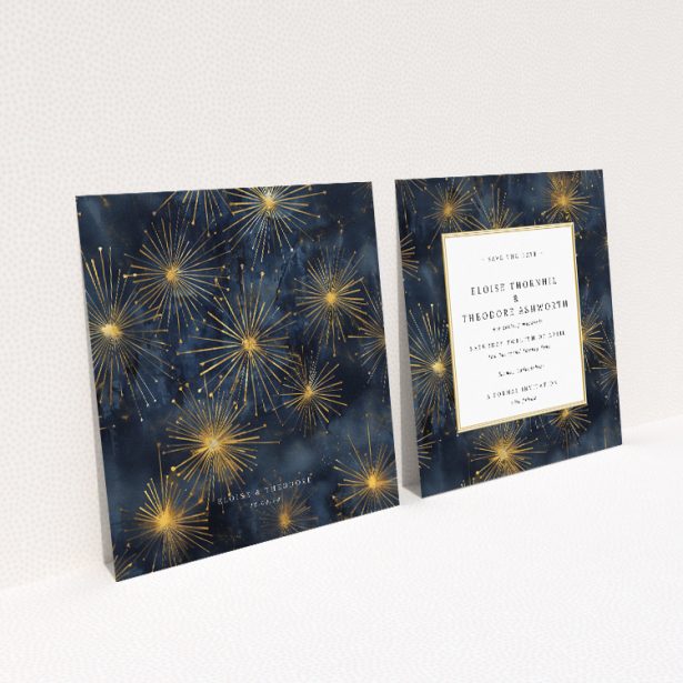Wedding save the date card template - Supernova design with golden starbursts on navy background. This image shows the front and back sides together