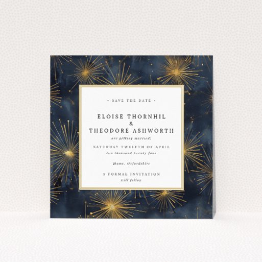Wedding save the date card template - Supernova design with golden starbursts on navy background. This is a view of the front