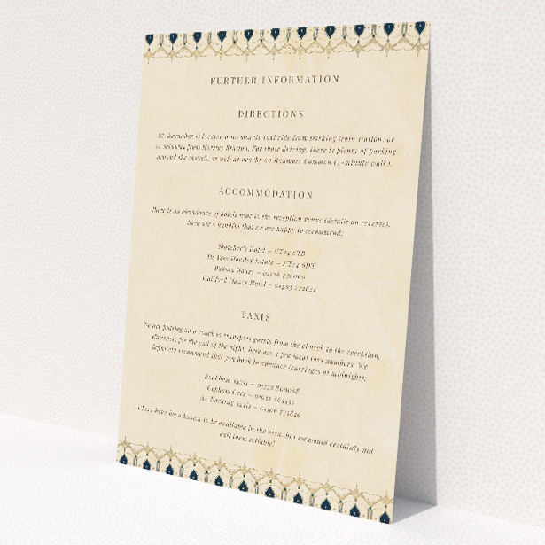 Utterly Printable Tapestry wedding information insert card featuring timeless elegance and vintage charm with a contemporary twist. Symmetrical layout with muted gold, cream, and soft blue hues. Ideal for couples announcing their event with sophistication and style This is a view of the front
