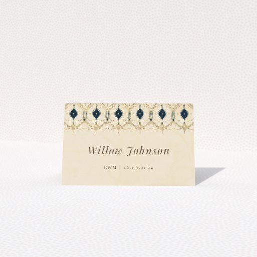 Tapestry Place Cards - Elegant vintage charm with a modern twist in gold, cream, and soft blue geometric patterns This is a view of the front