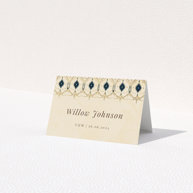 Tapestry Place Cards - Elegant vintage charm with a modern twist in gold, cream, and soft blue geometric patterns This is a third view of the front