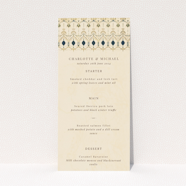 Classic Tapestry Wedding Menu Design with Intricate Geometric Patterns and Muted Gold, Cream, and Soft Blue Palette. This is a view of the front