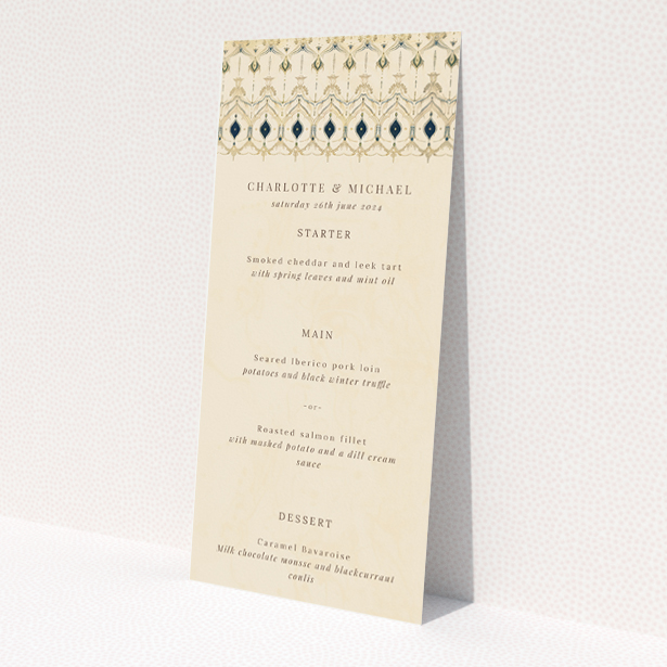 Classic Tapestry Wedding Menu Design with Intricate Geometric Patterns and Muted Gold, Cream, and Soft Blue Palette. This is a view of the front