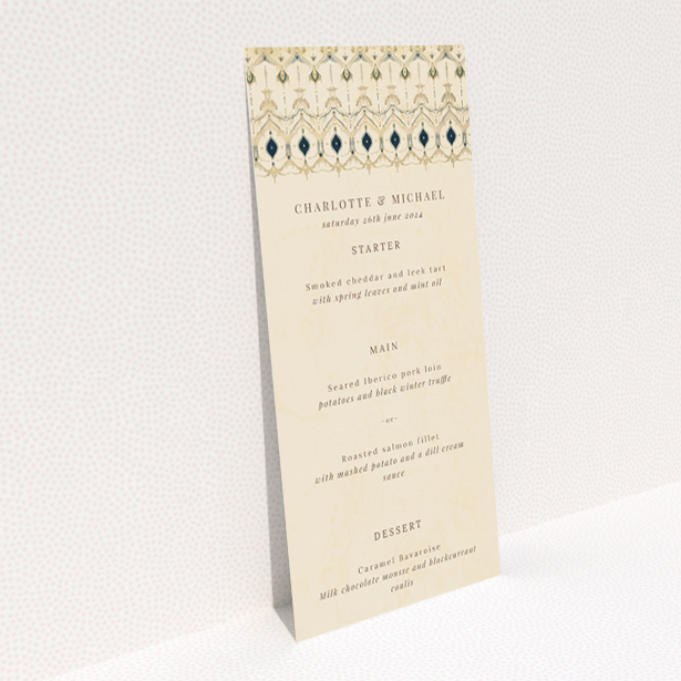 Classic Tapestry Wedding Menu Design with Intricate Geometric Patterns and Muted Gold, Cream, and Soft Blue Palette. This is a view of the back