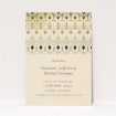 Tapestry wedding save the date card featuring intricate art deco-inspired pattern border in gold, cream, and navy, against warm aged parchment background, evoking sophistication and heritage for a grand yet tastefully understated celebration This is a view of the front