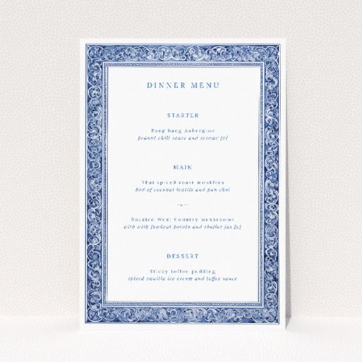 Utterly Printable Victorian Indigo Wedding Menu - Vintage-inspired wedding menu design with rich indigo hue and Victorian pattern. This is a view of the front