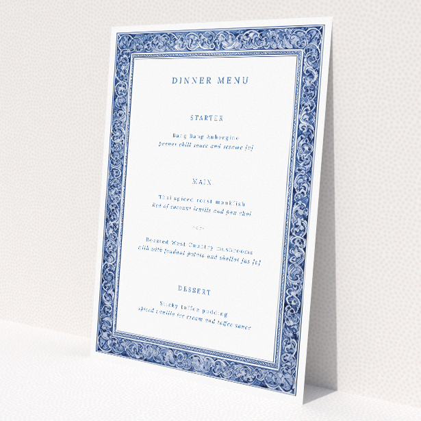 Utterly Printable Victorian Indigo Wedding Menu - Vintage-inspired wedding menu design with rich indigo hue and Victorian pattern. This image shows the front and back sides together