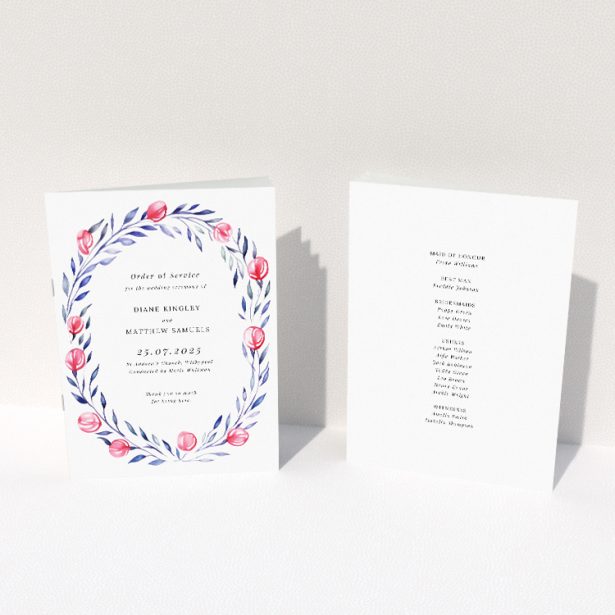 Utterly Printable wedding order of service Berry Laurel A5 booklet design with blue foliage and delicate pink berries, perfect for botanical-themed ceremonies This image shows the front and back sides together