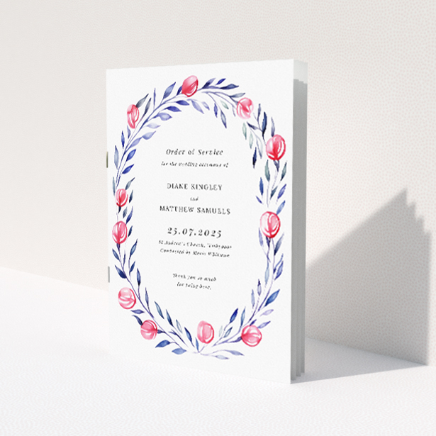 Utterly Printable wedding order of service Berry Laurel A5 booklet design with blue foliage and delicate pink berries, perfect for botanical-themed ceremonies This is a view of the front