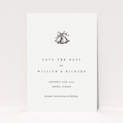 Elegant A6 wedding save the date card with sketched bells design and serif font announcement. This is a view of the front