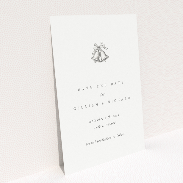 Elegant A6 wedding save the date card with sketched bells design and serif font announcement. This is a view of the back