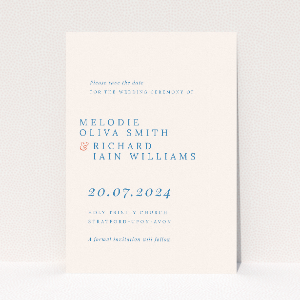 Modern sophistication A6 wedding save the date card with offset typography and intertwined rings on navy blue and soft grey background. This is a view of the front