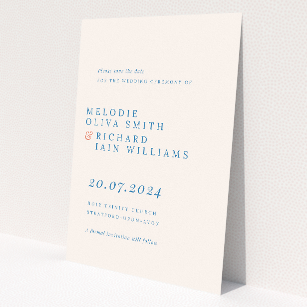 Modern sophistication A6 wedding save the date card with offset typography and intertwined rings on navy blue and soft grey background. This is a view of the back
