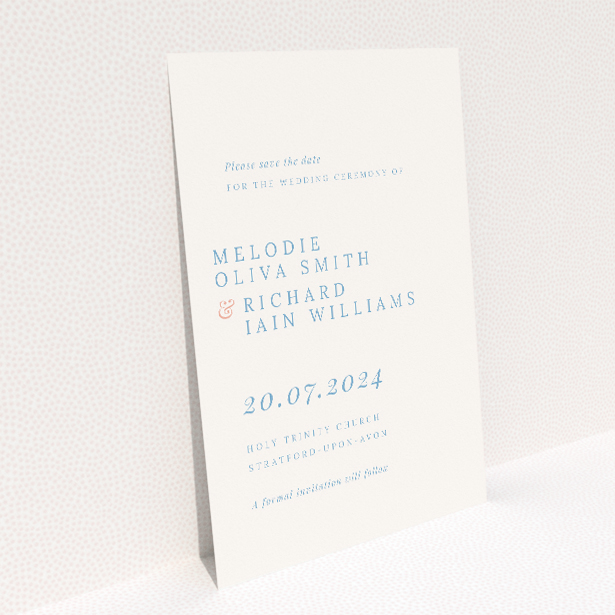 Modern sophistication A6 wedding save the date card with offset typography and intertwined rings on navy blue and soft grey background. This is a view of the back