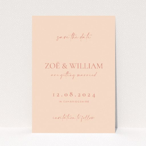 A6 wedding save the date card with blush pink background and elegant serif and script fonts. This is a view of the front