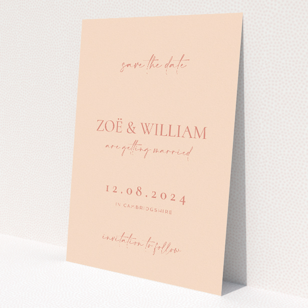 A6 wedding save the date card with blush pink background and elegant serif and script fonts. This is a view of the front