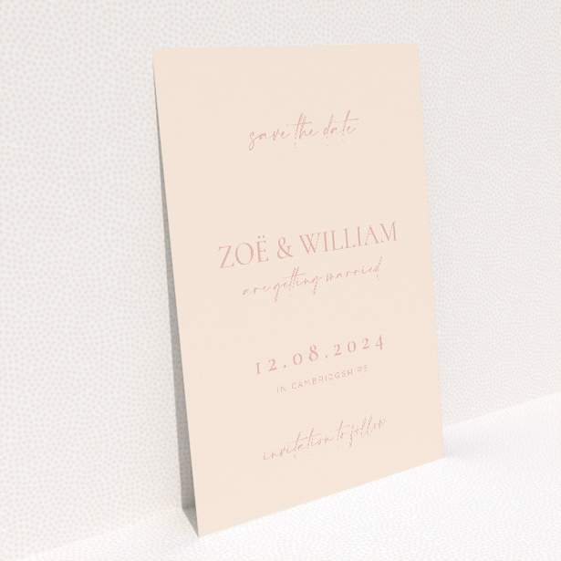 A6 wedding save the date card with blush pink background and elegant serif and script fonts. This is a view of the back