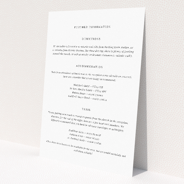 'Soho Script wedding information insert card featuring elegant and contemporary design, complementing the invitation's minimalist aesthetic, ideal for informing and captivating guests.'. This is a view of the front