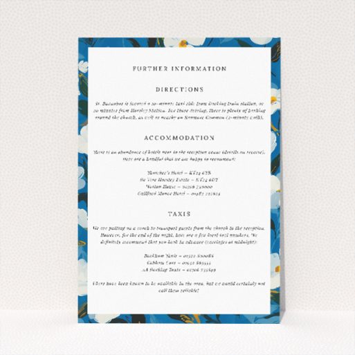 Utterly Printable White Flower Blues Wedding Information Insert Card. This is a view of the front