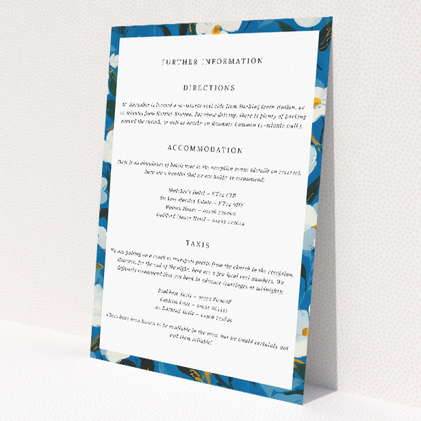 Utterly Printable White Flower Blues Wedding Information Insert Card. This is a view of the front
