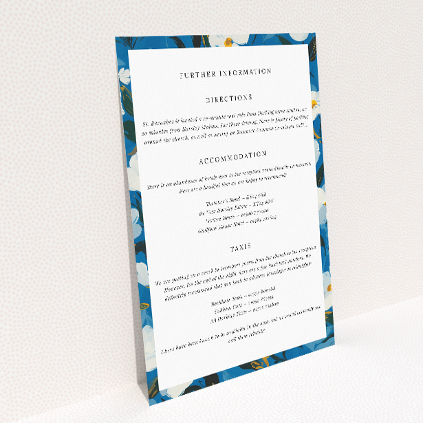 Utterly Printable White Flower Blues Wedding Information Insert Card. This image shows the front and back sides together