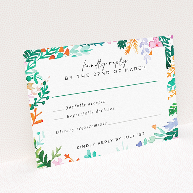 Utterly Printable Wreath Vibrations RSVP card - Vibrant watercolour foliage and florals RSVP card design for nature-inspired wedding stationery suite. This is a view of the back