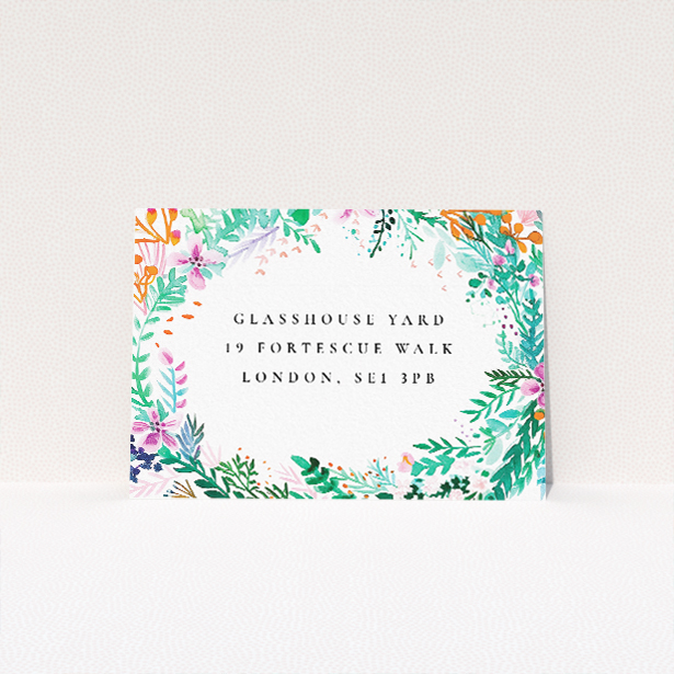 Utterly Printable Wreath Vibrations RSVP card - Vibrant watercolour foliage and florals RSVP card design for nature-inspired wedding stationery suite. This is a view of the back