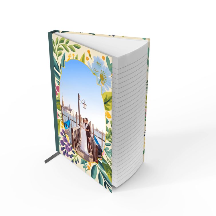 Floral notebook cover design with one photo placeholder for personalised printing.