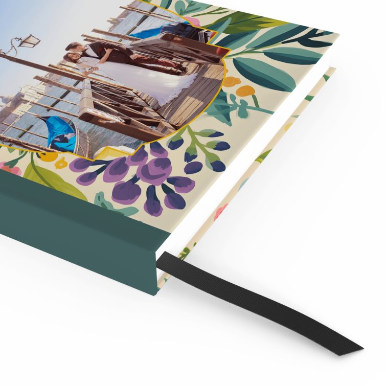 Floral notebook cover design with one photo placeholder for personalised printing.