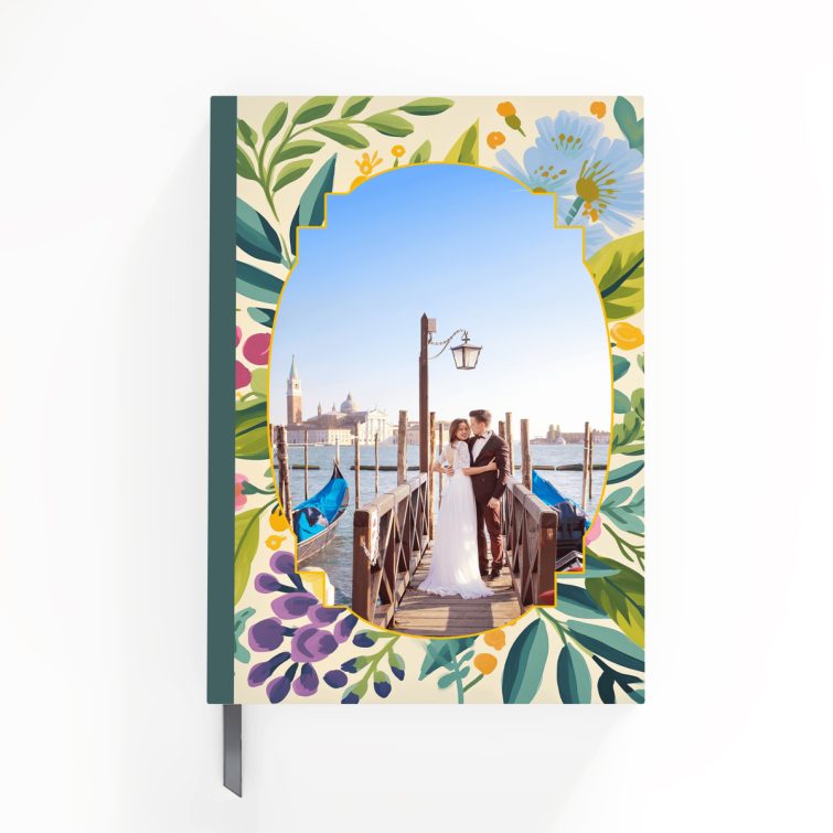 Floral notebook cover design with one photo placeholder for personalised printing.