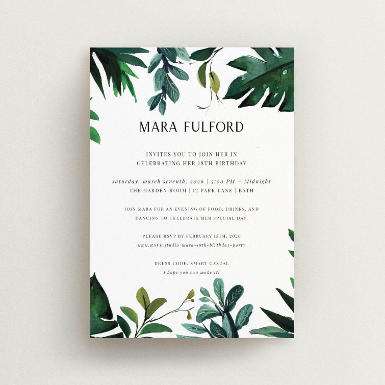 Floral themed 18th Birthday Invitation with elegant design elements and no photos.