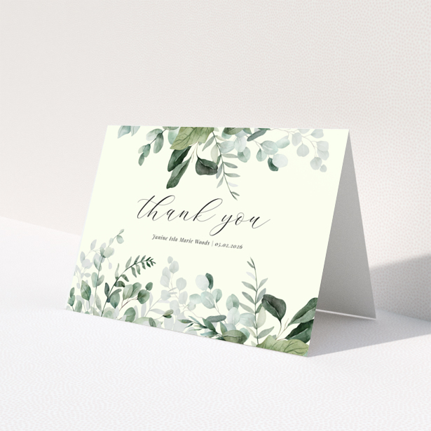 Floral baby thank you card design with greenery and calligraphy text, no photos present