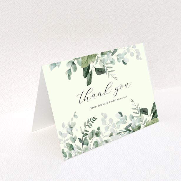 Floral baby thank you card design with greenery and calligraphy text, no photos present