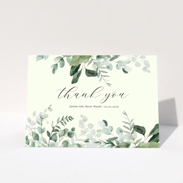 Floral baby thank you card design with greenery and calligraphy text, no photos present