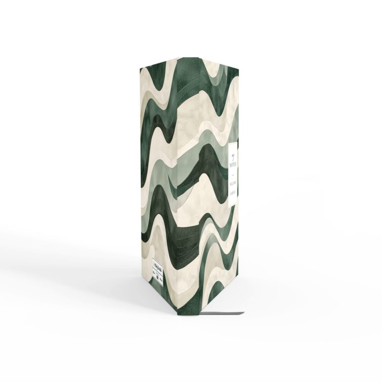 Elegant wavy pattern design on customisable notebooks cover spread by Utterly Printable, featuring a placeholder photo for personalisation.