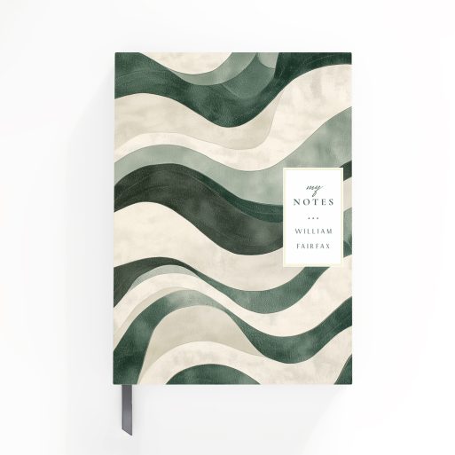 Elegant wavy pattern design on customisable notebooks cover spread by Utterly Printable, featuring a placeholder photo for personalisation.