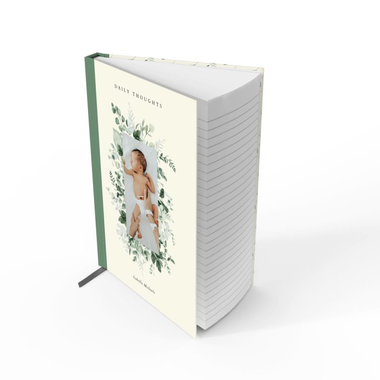 Floral design personalised notebook cover with one photo, featuring leaf patterns.