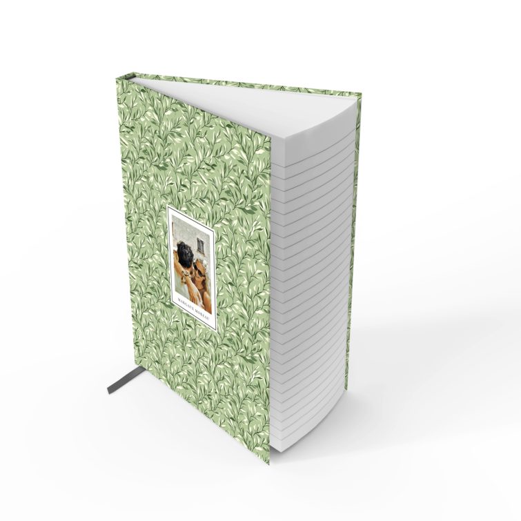 Leaf-patterned portrait notebook design with one photo on the front cover by Utterly Printable.