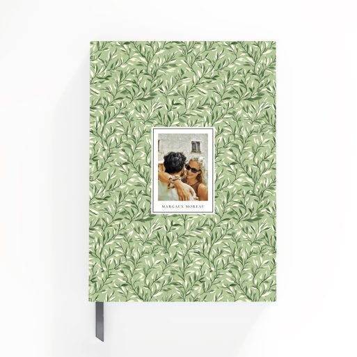 Leaf-patterned portrait notebook design with one photo on the front cover by Utterly Printable.