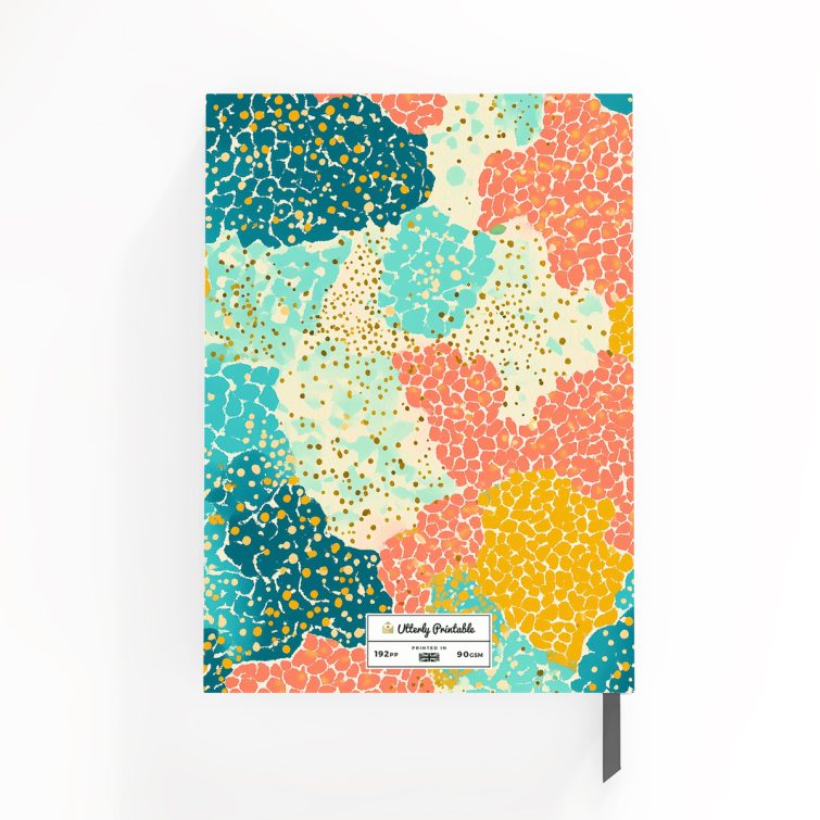 Colourful abstract notebook cover design with vibrant patterns, ideal for personalised stationery.