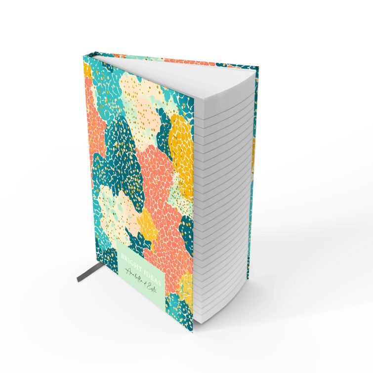 Colourful abstract notebook cover design with vibrant patterns, ideal for personalised stationery.