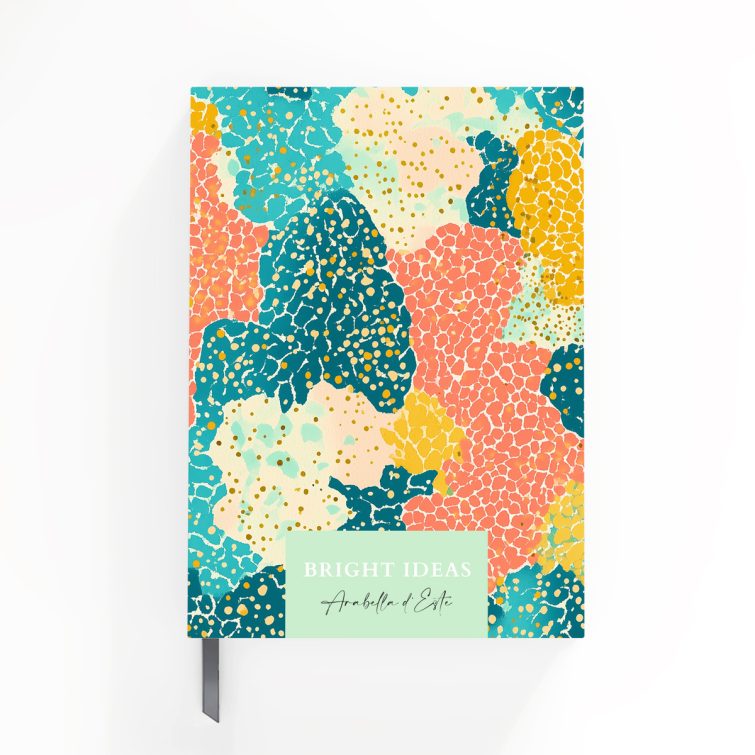 Colourful abstract notebook cover design with vibrant patterns, ideal for personalised stationery.