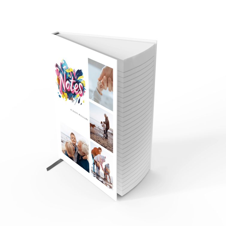 Colourful personalised notebook cover design with four photos, ideal for custom stationery gifts.