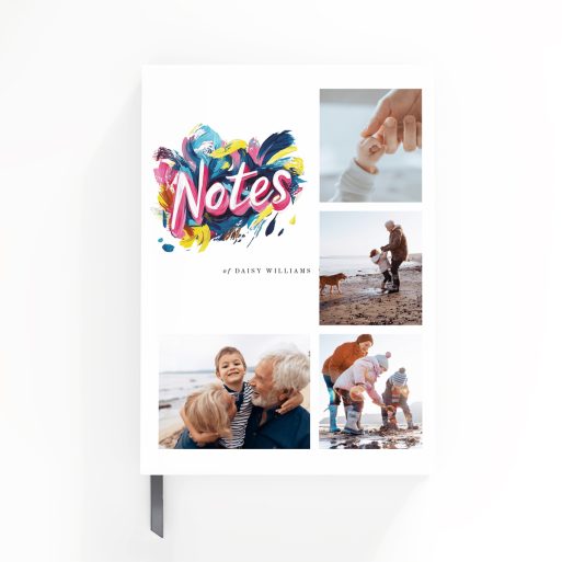 Colourful personalised notebook cover design with four photos, ideal for custom stationery gifts.