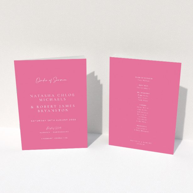 Vibrant Pink Serenity A5 Wedding Order of Service booklet - Striking and serene design with vibrant pink background and elegant white typeface This image shows the front and back sides together