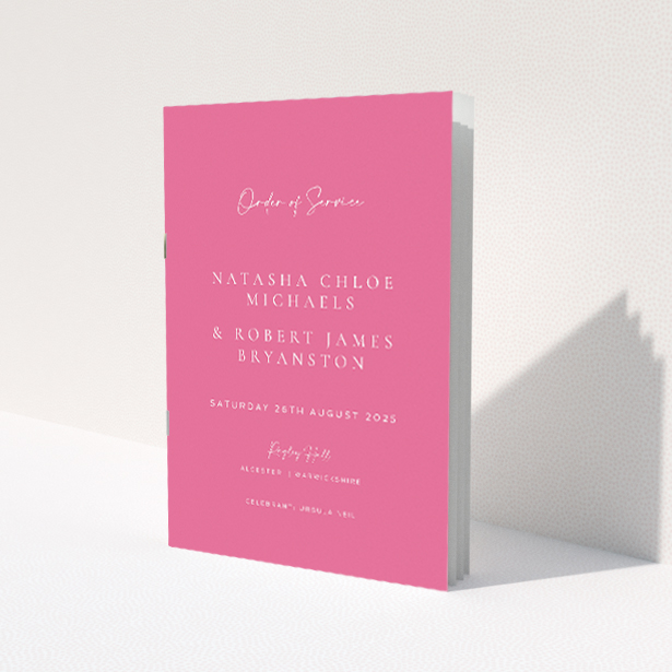 Vibrant Pink Serenity A5 Wedding Order of Service booklet - Striking and serene design with vibrant pink background and elegant white typeface This is a view of the front