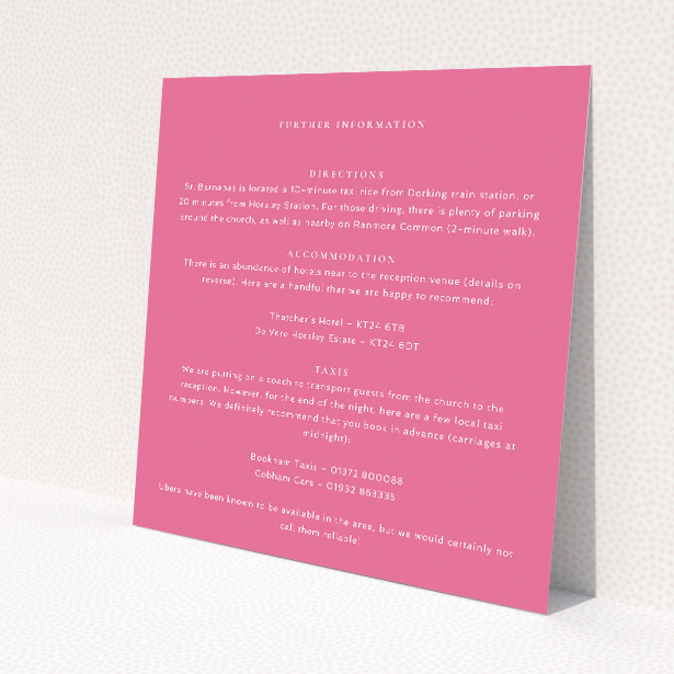 Vibrant Pink Serenity Wedding Information Insert Cards - Modern Typography Design. This image shows the front and back sides together