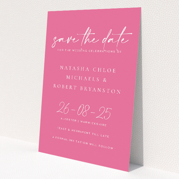 Vibrant Pink Serenity Save the Date A6 Card - Contemporary wedding invitation with warm pink background and elegant handwritten script, promising a day of elegance and joy This is a view of the front