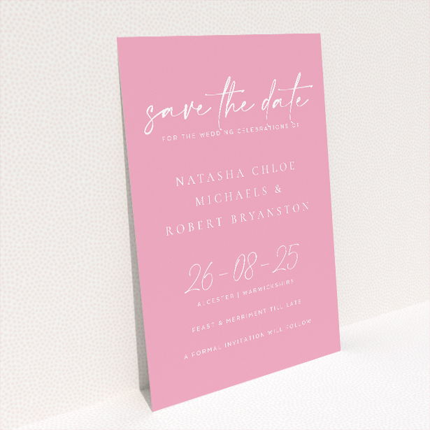 Vibrant Pink Serenity Save the Date A6 Card - Contemporary wedding invitation with warm pink background and elegant handwritten script, promising a day of elegance and joy This is a view of the back